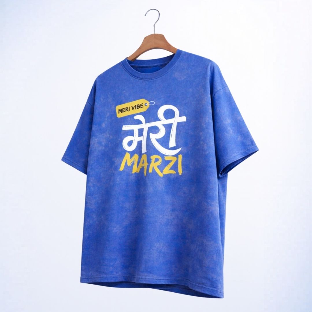 Hindi Quotes Blue Acid Wash Oversized T-Shirt