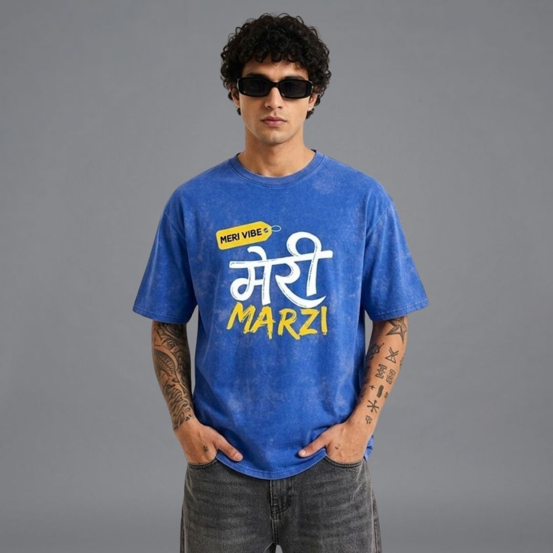 Hindi Quotes Blue Acid Wash Oversized T-Shirt