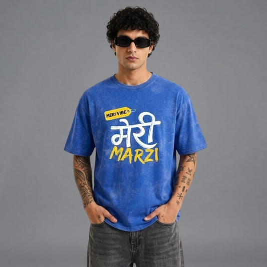 Hindi Quotes Blue Acid Wash Oversized T-Shirt