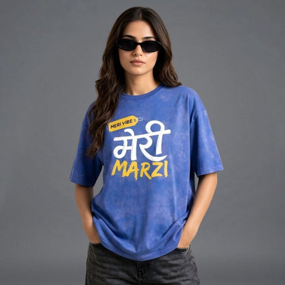 Hindi Quotes Blue Acid Wash Oversized T-Shirt