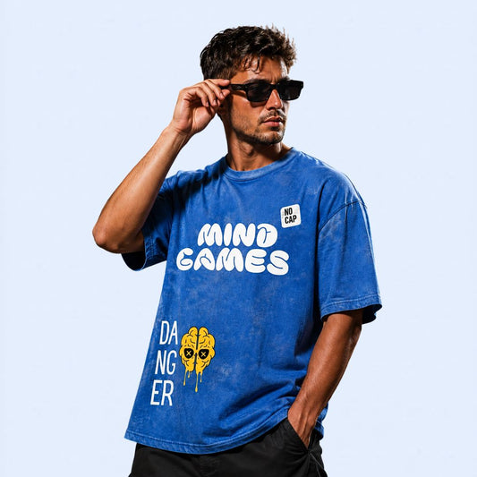 Mind Games Oversized Blue Acid Wash T-Shirt