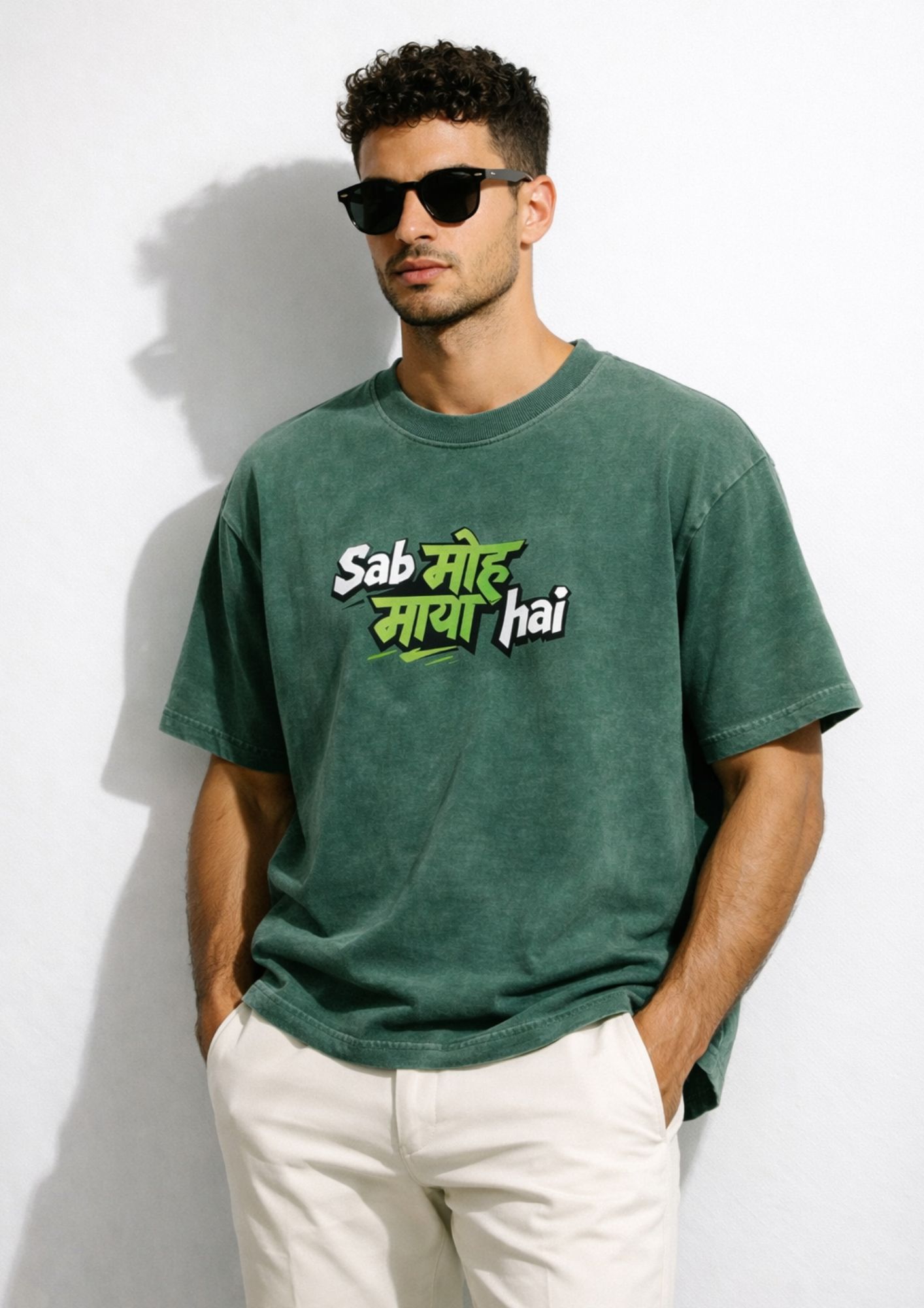 Lufit green acid wash oversized t shirt with funky Hindi quote 240 GSM cotton India