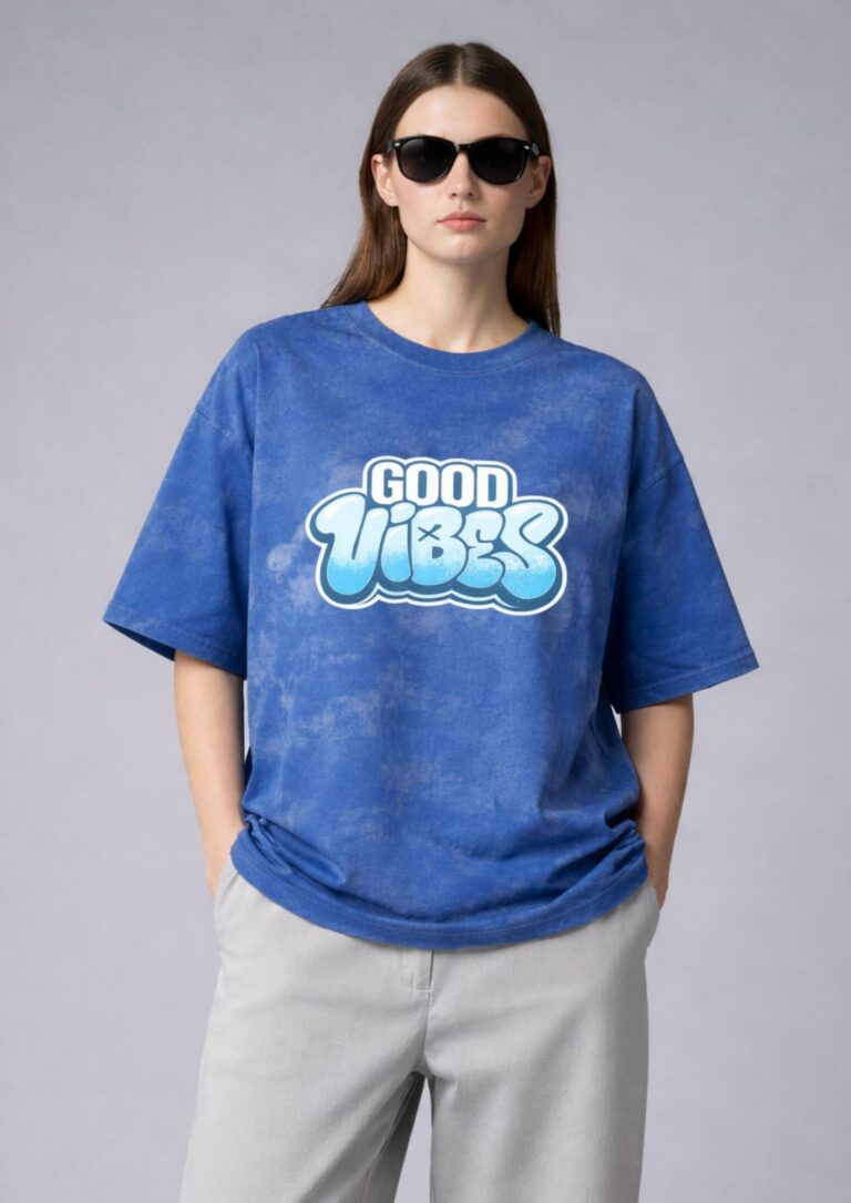 Lufit Good Vibes Blue Acid Wash Oversized T-Shirt | 240 GSM Premium Cotton Streetwear India