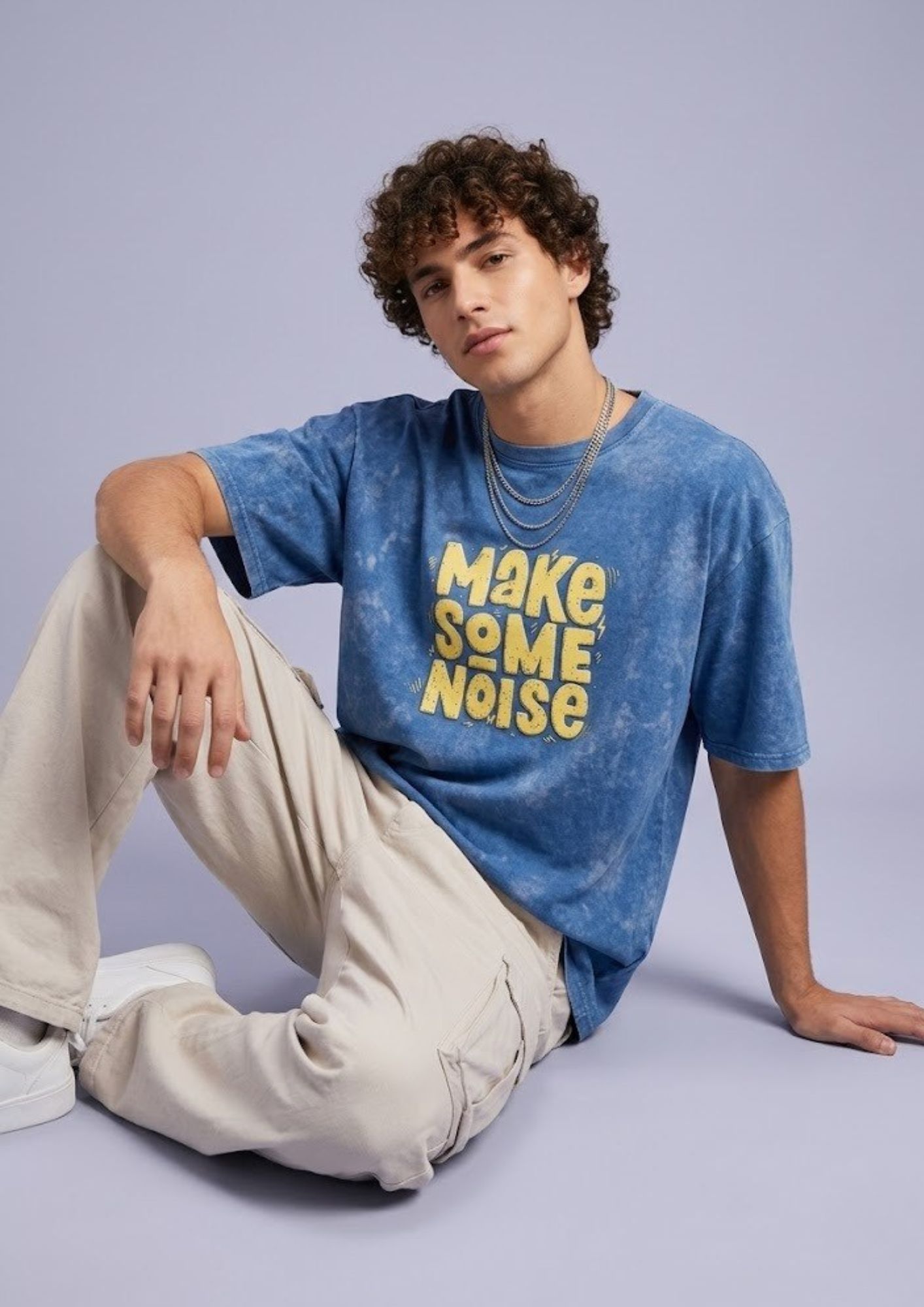 blue acid wash oversized tshirt with make some noise puff print graphic 240 gsm cotton streetwear tee