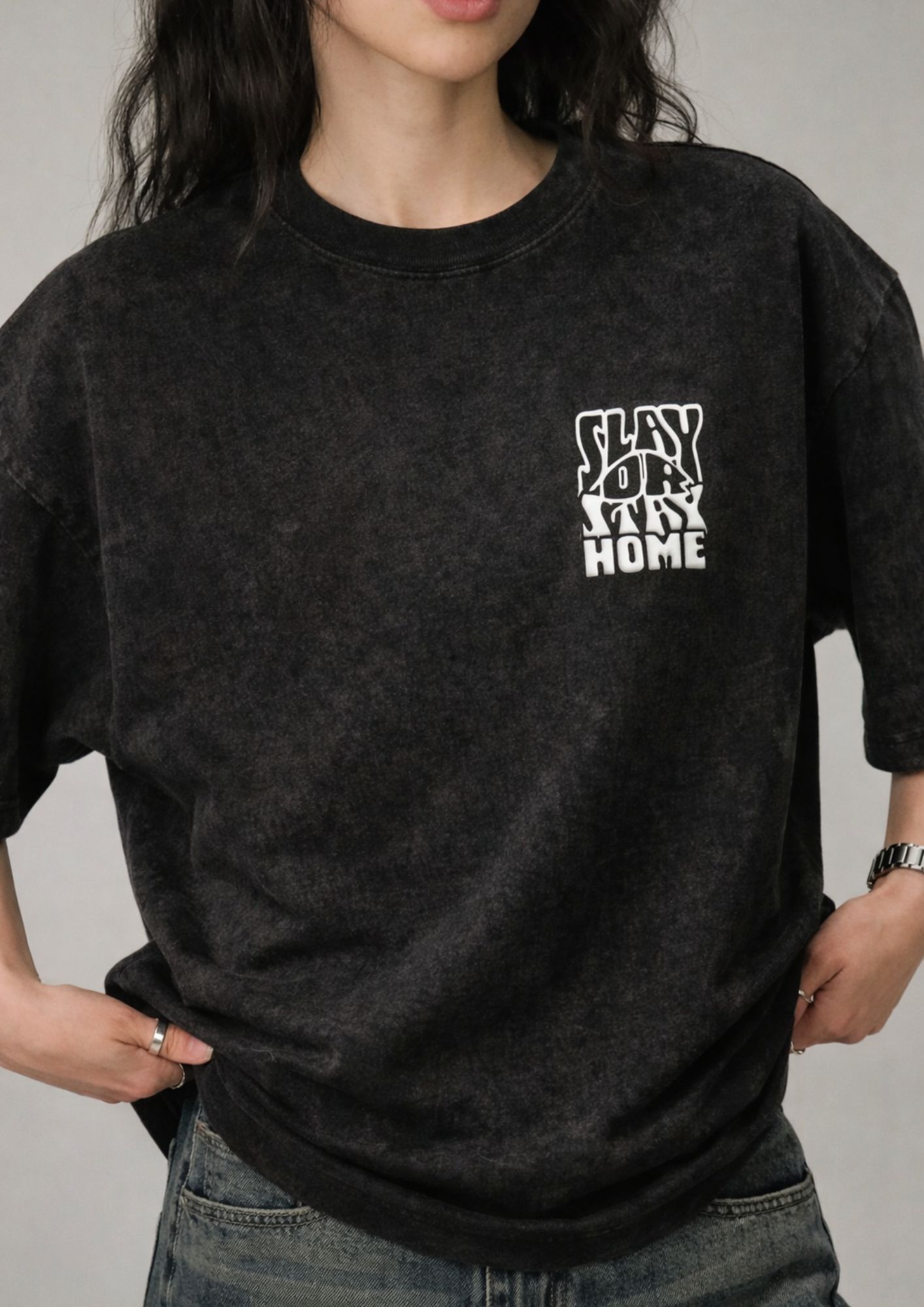 black acid wash unisex tshirt with slay or stay home puff print graphic oversized 240 gsm cotton streetwear worn by male and female models