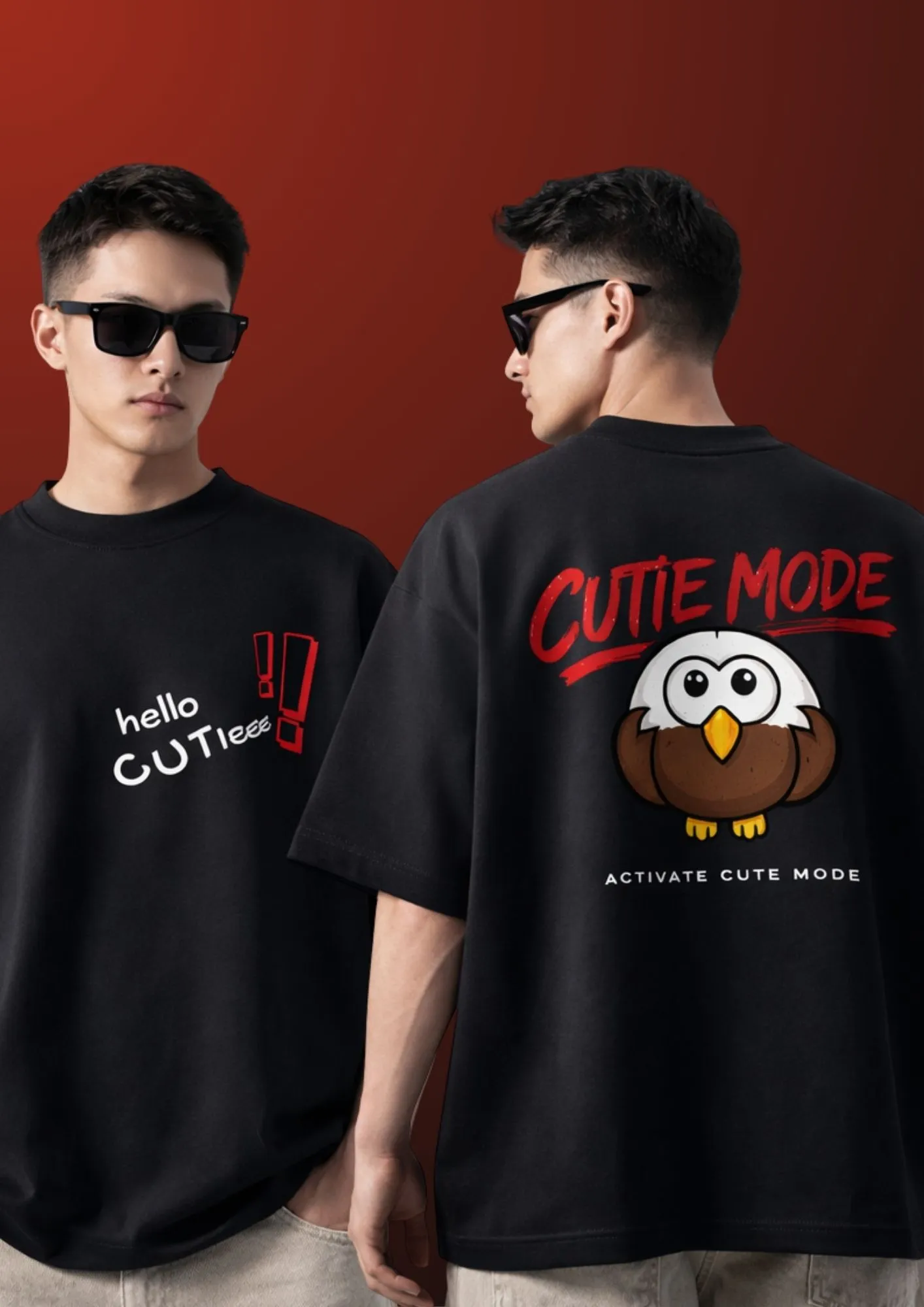 Black oversized t-shirt with Hello Cutie text on front and Cutie Mode cartoon graphic print on back