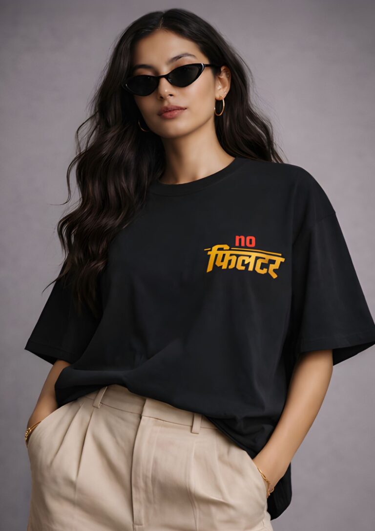 Women's solid black oversized t-shirt with "No फिलटर" Hindi-English chest pocket graphic print in red and yellow, 240gsm heavyweight cotton