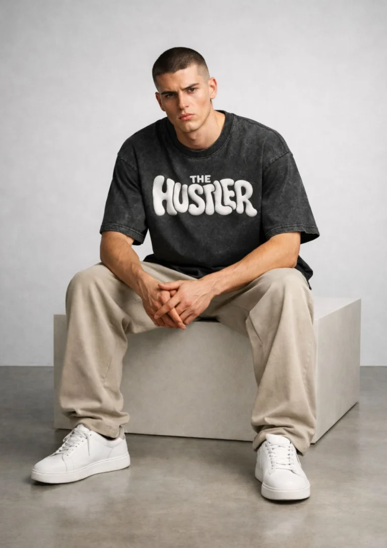 Oversized black acid wash t-shirt with 3D puff print "The Hustler" graphic, hanging on a wooden hanger against a grey background